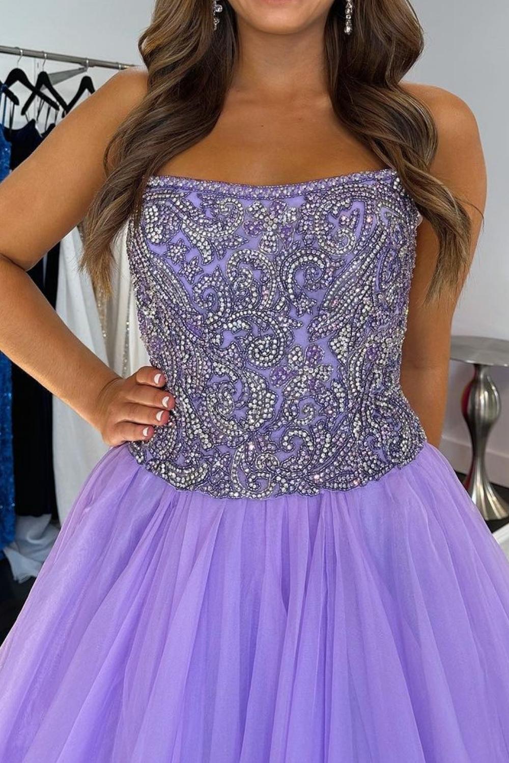 Charming A Line Strapless Purple Tulle Long Prom Dress with Beading