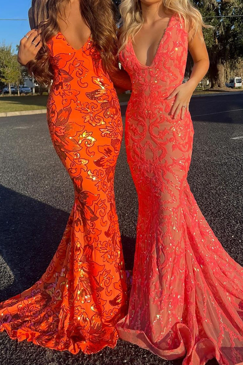 Coral Sparkly Mermaid V-Neck Long Tight Prom Party Dress - View 4 | FashionDia