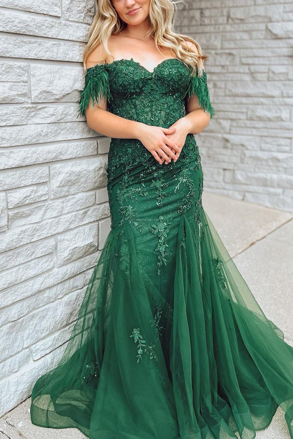 Dark Green Mermaid Off-the-Shoulder Long Corset Prom Dress With Appliques