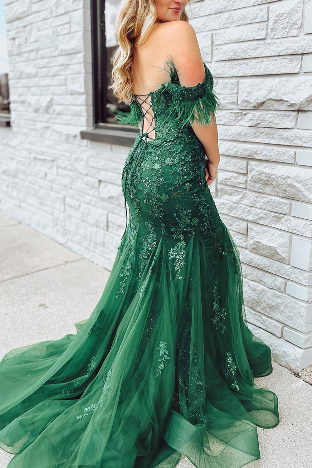 Dark Green Mermaid Off-the-Shoulder Long Corset Prom Dress With Appliques