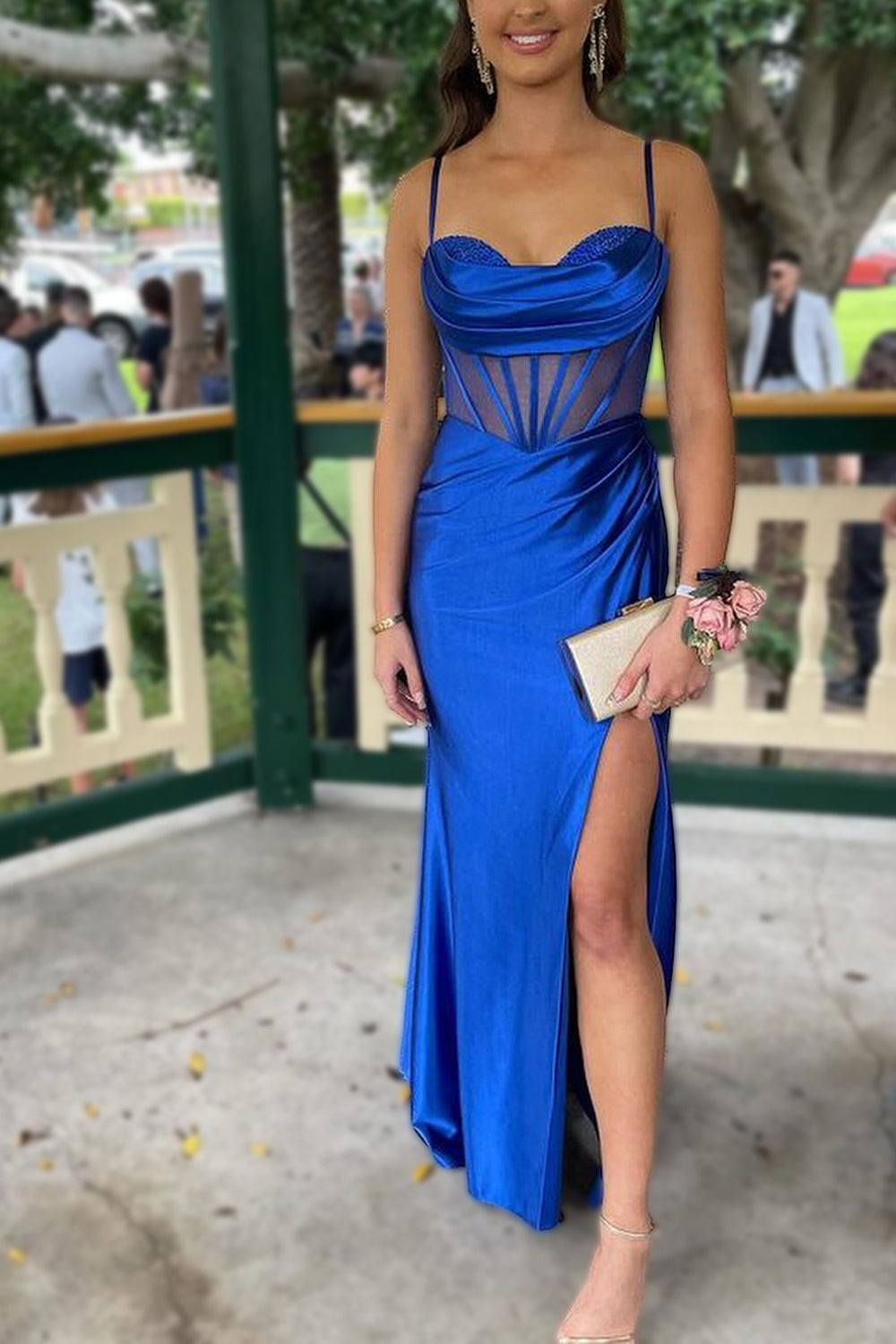 Royal Blue Mermaid Lace Up Long Satin Prom Dress With Split