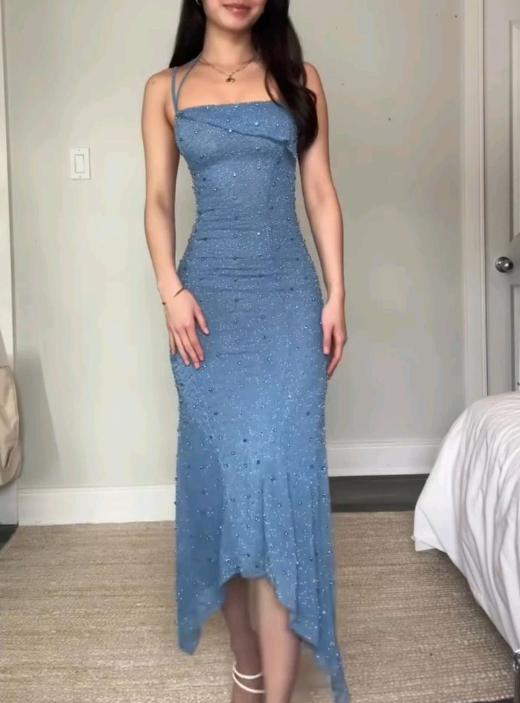 Fashion Spaghetti Straps Blue Sequin Beaded Mermaid Party Dress Formal Wedding Guest Dress