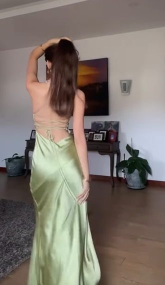 Simple Green Spaghetti Straps High Slit A Line Evening Dress Backless Prom Dress Y8433 - View 5 | VelvetHem