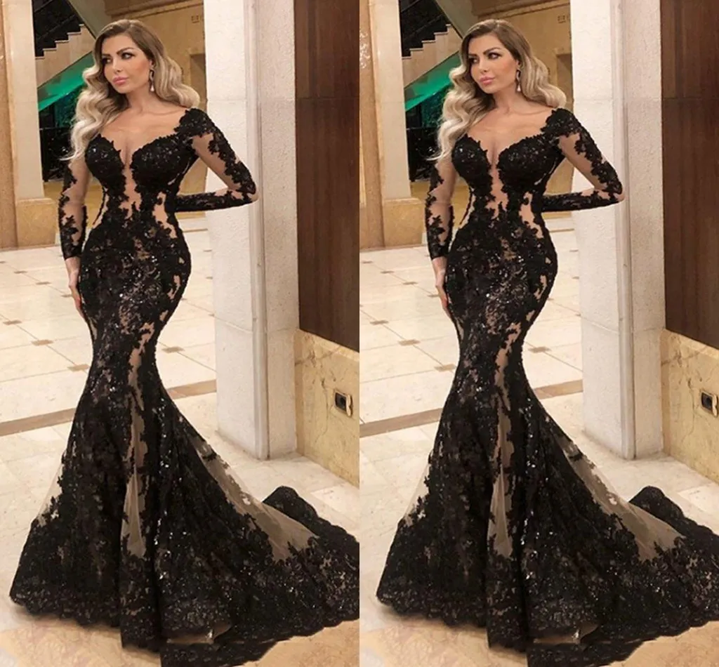 modest black prom dresses long sleeve lace appliqu� elegant evening gown formal dresses S11019 - View 2 | VelvetHem