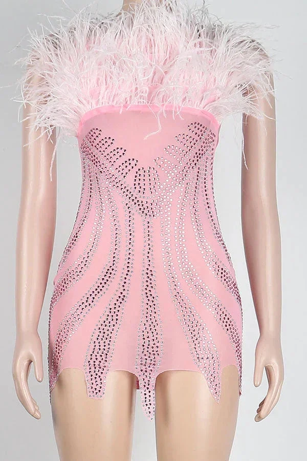 Rhinestone Girly Fluffy Mini Dress Pink Dress Short Homecoming Dress (ZD12531)