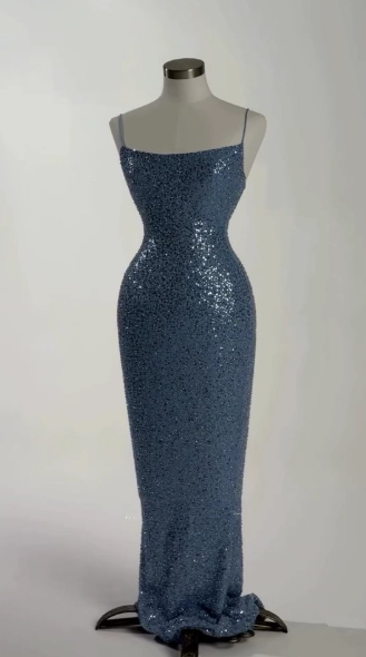Glamorous Spaghetti Straps Sequins Sheath Long Prom Dress,Blue Party Evening Dress