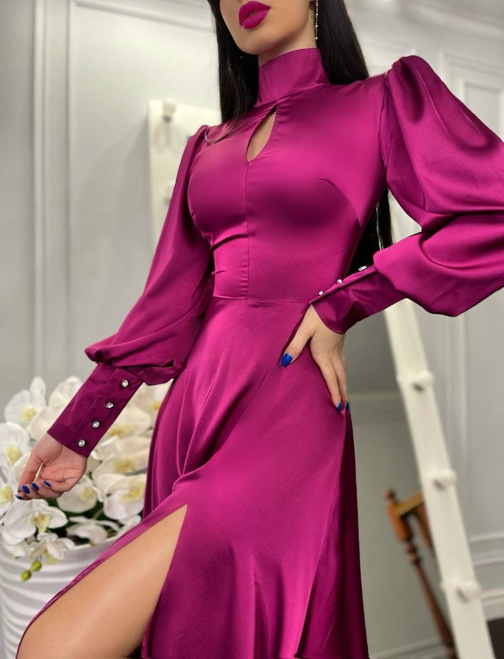 A-line Puff Sleeves Long Evening Dress With Split Y7015 - View 4 | VelvetHem