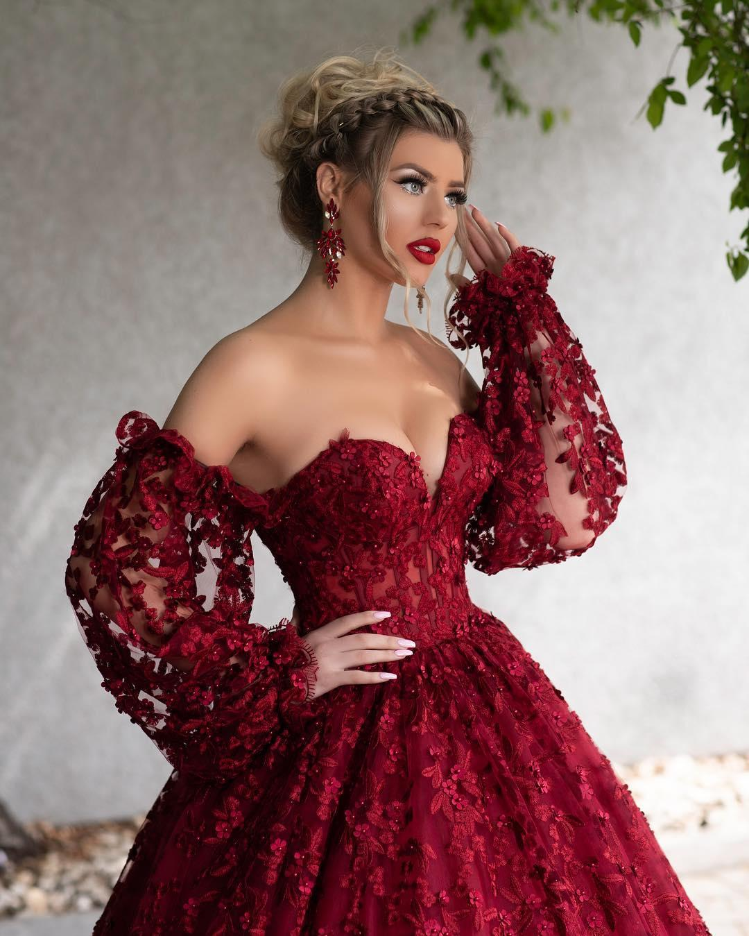 Dark Red Lace Beaded Prom Dresses Off The Shoulder Long Sleeves Formal Dress Floor Length A Line Plus Size Evening Gowns Y766 - View 2 | VelvetHem