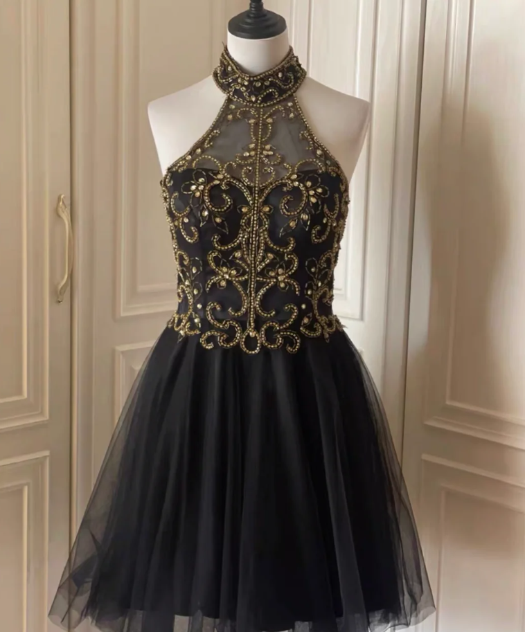 Stylish Halter Tulle Beaded A-Line Homecoming Dress Black Sleeveless Birthday Dress Cocktail Dress - FashionDia