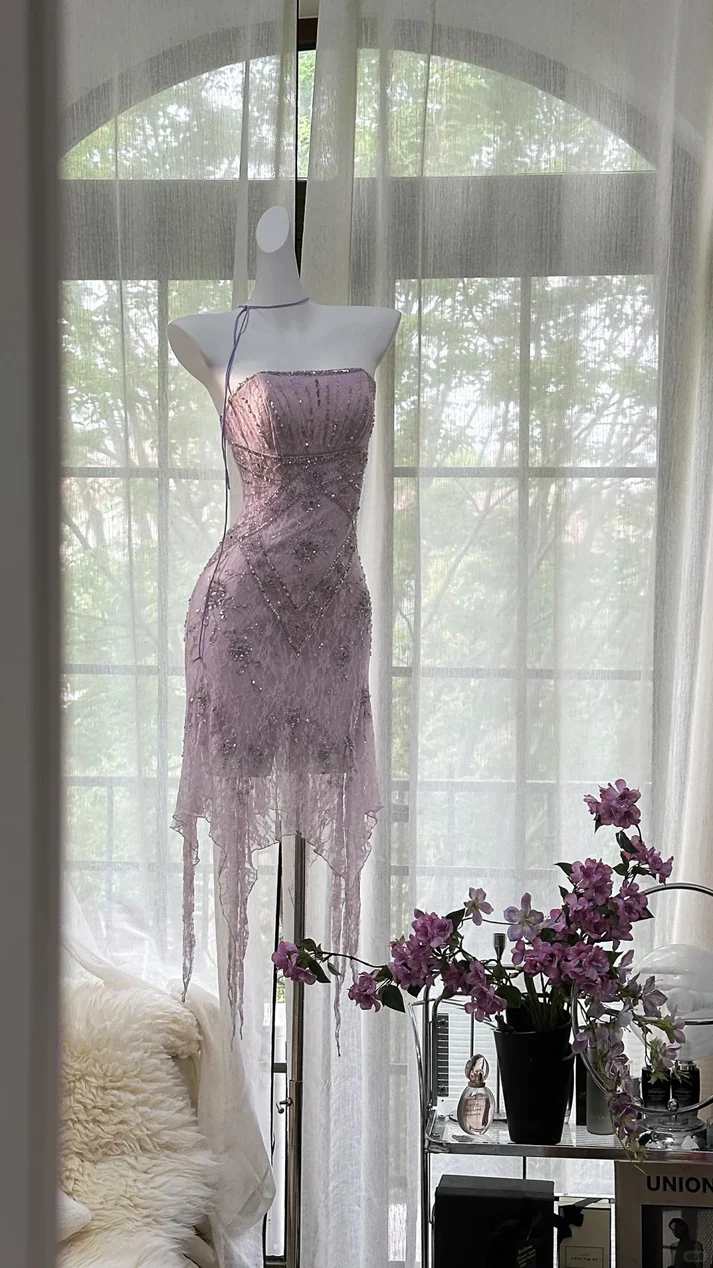 Pretty Lilac Lace Beaded Birthday Outfits Strapless Short Graduation Homecoming Dress S676