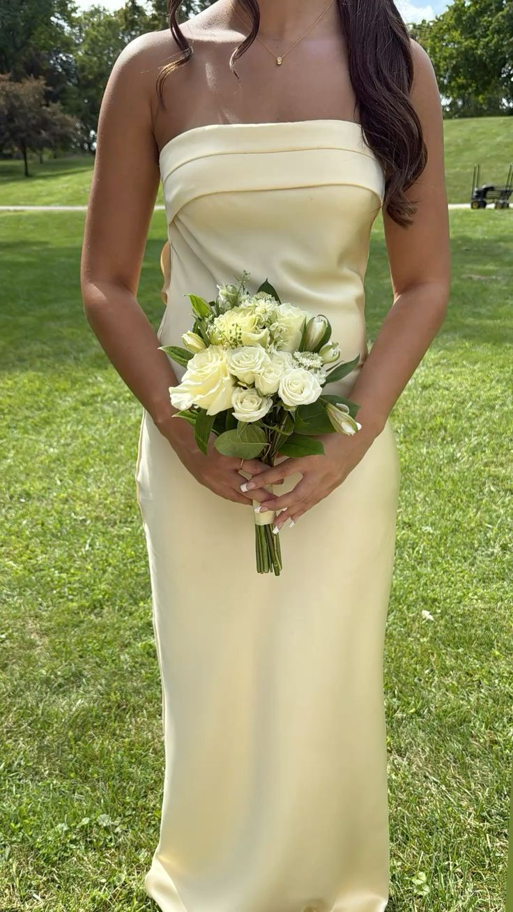 Pretty Yellow Strapless Satin Long Bridesmaid Dress Formal Party Dress