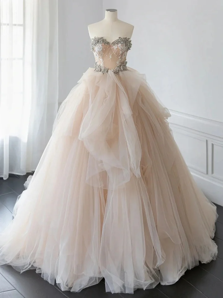 Light Champagne Strapless Beaded Tulle Quinceanera Dress Birthday Ball Gown