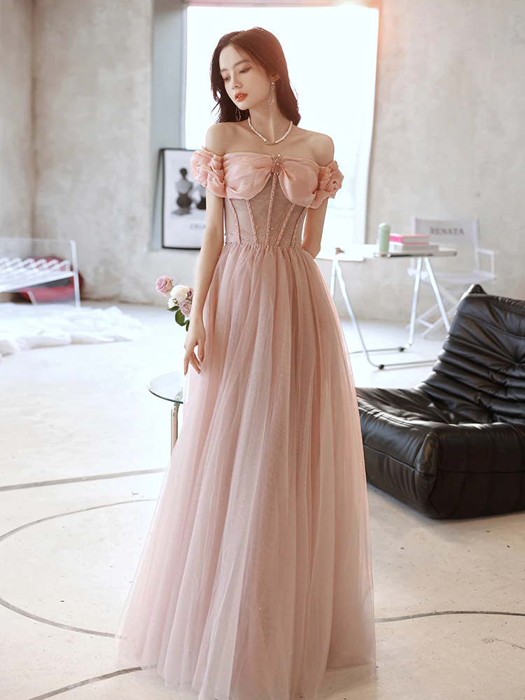 Fashion Women Evening Dress Floor Length Grey Blue Boat Neck Elegant A Line Dress Long Prom Dress cc64