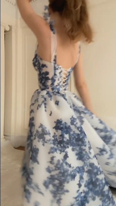 Elegant A Line Sweetheart Neck Blue Chiffon Print Floral Formal Prom Gown Long Party Dress