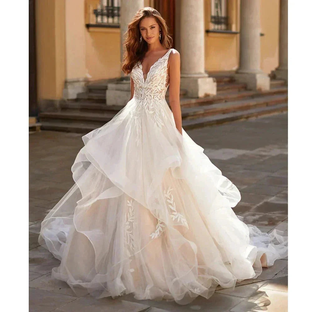 Wedding Dresses 2023 Bohemia A-line Sexy V-neck Pleated Backless Button Bridal Gowns Women's Elegant Backless Vestidos De Novia (ZD14178)