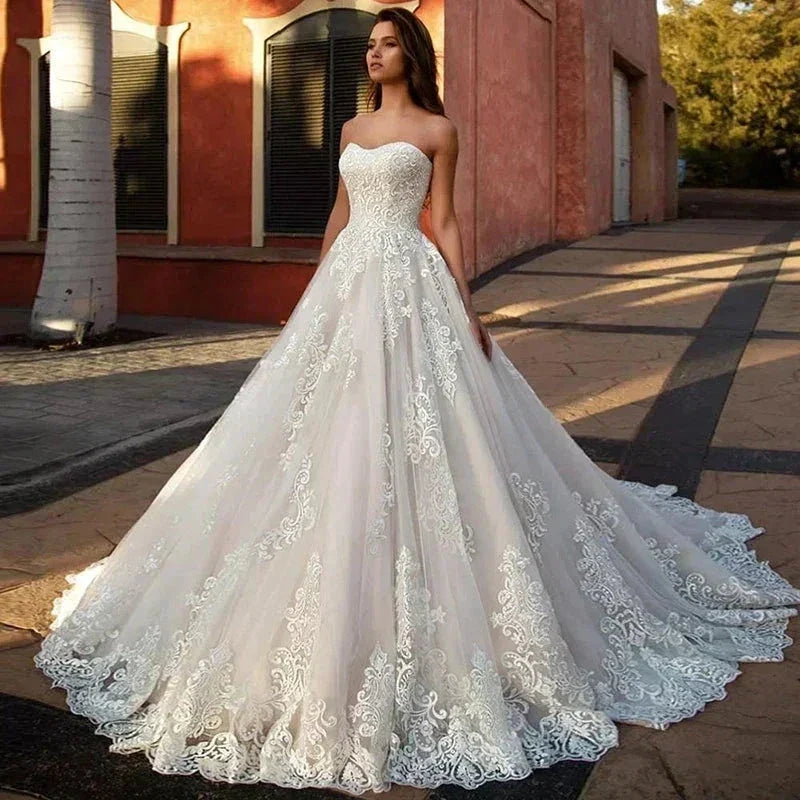 Wedding Dresses Sweetheart Prom Gowns Women's A-Line Sleeveless Lace Applique Back Tie Design Customization Robe Vestidos De Muj by payinti