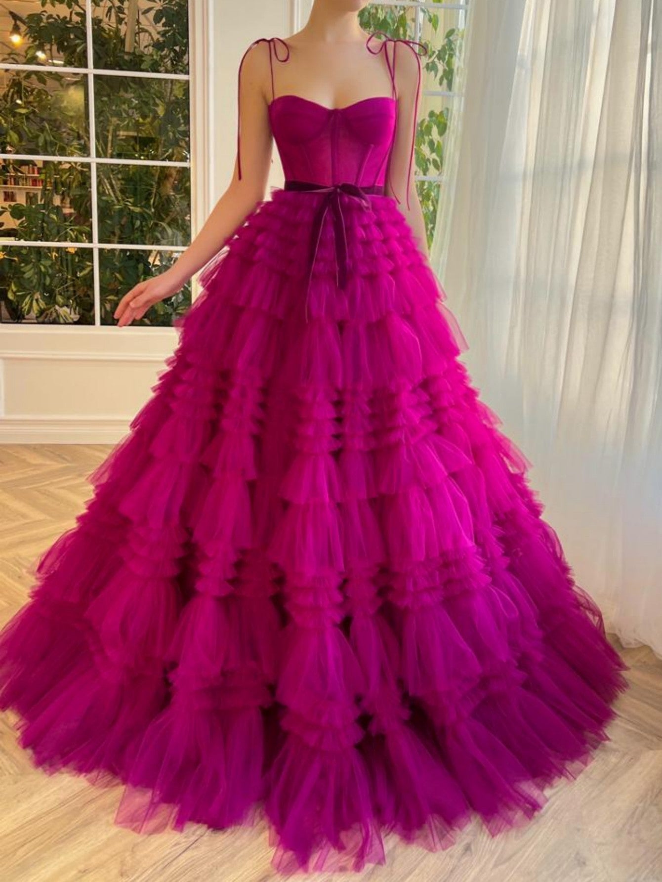 Strapless A Line Fuchsia Tiered Long Prom Dress - Fashionpara