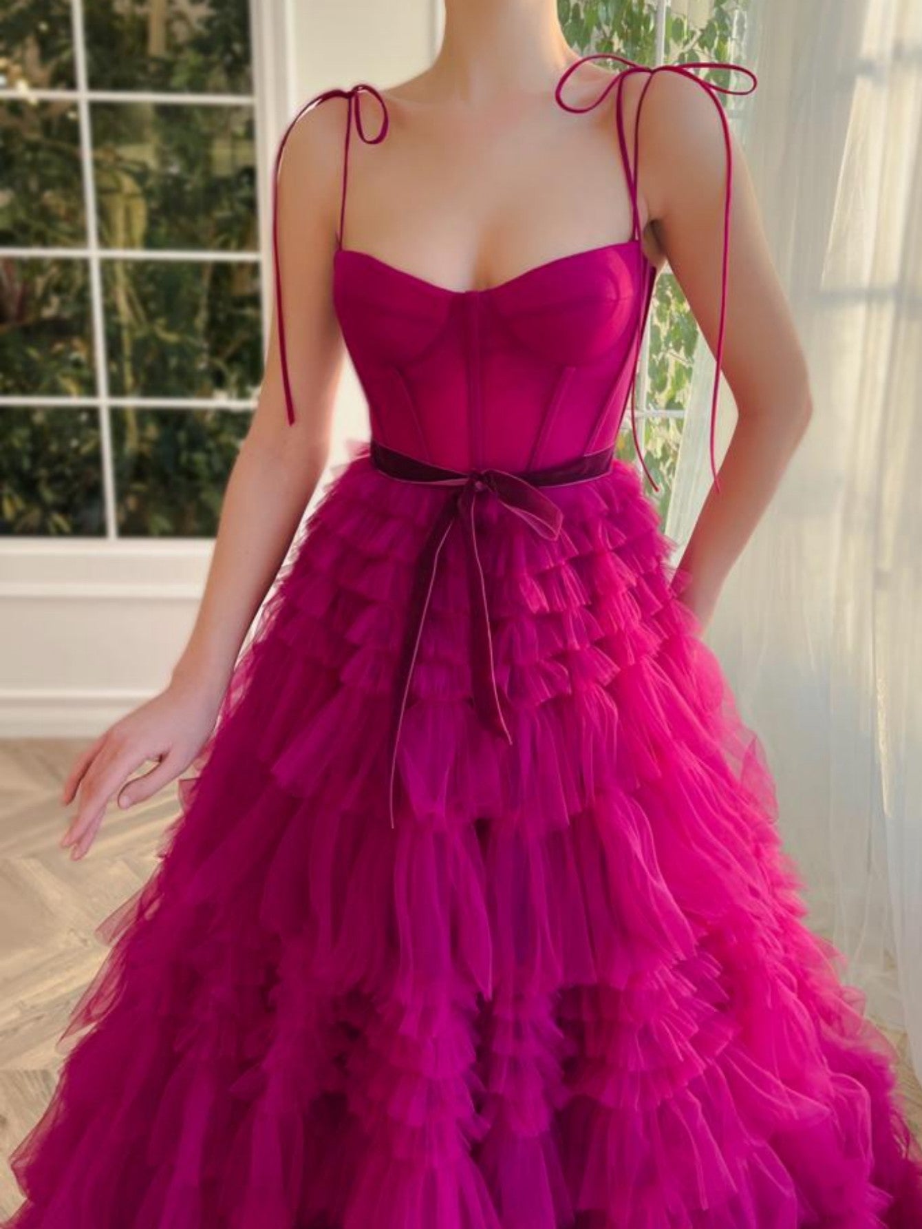 Strapless A Line Fuchsia Tiered Long Prom Dress - Fashionpara