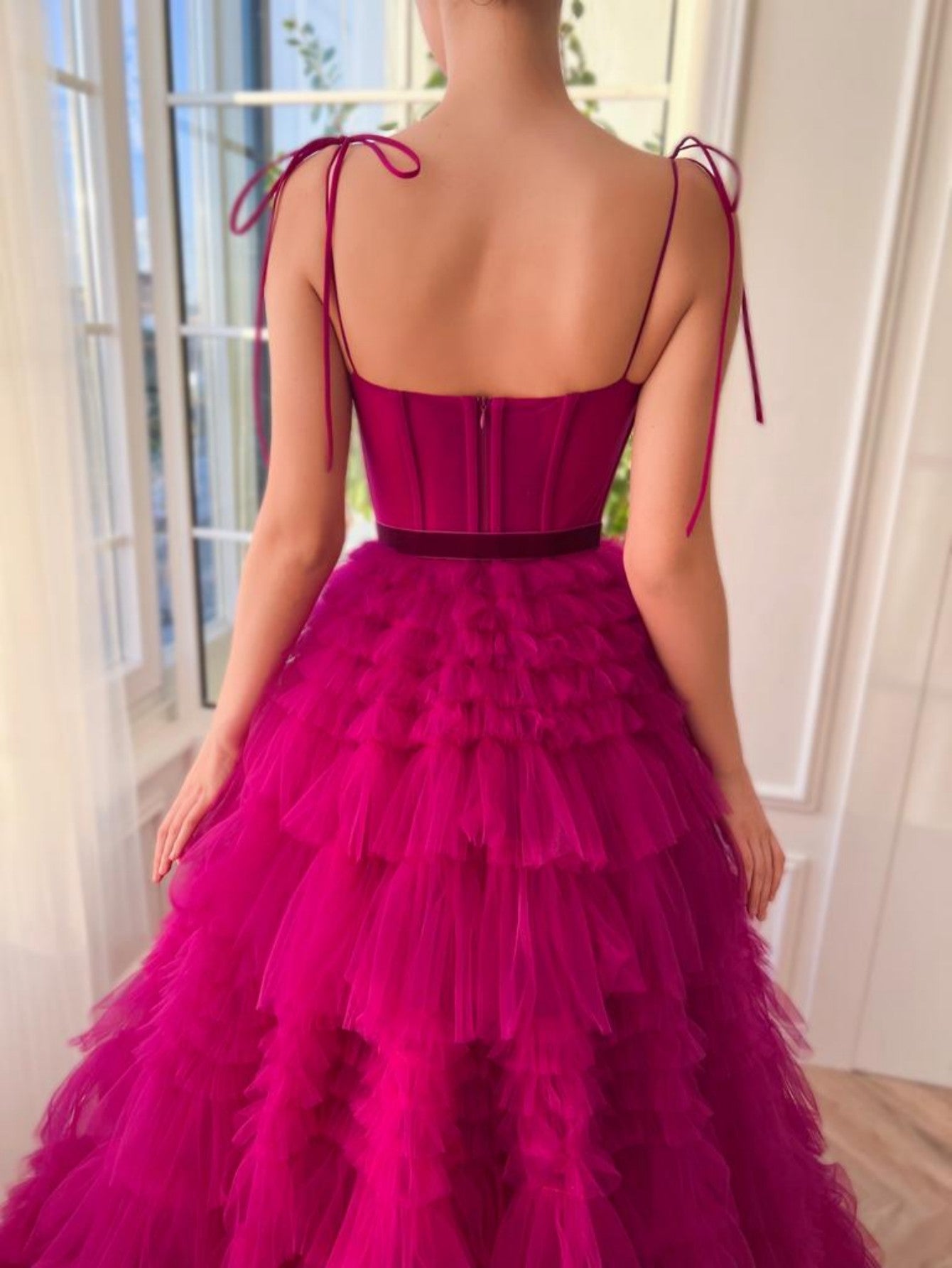 Strapless A Line Fuchsia Tiered Long Prom Dress - Fashionpara