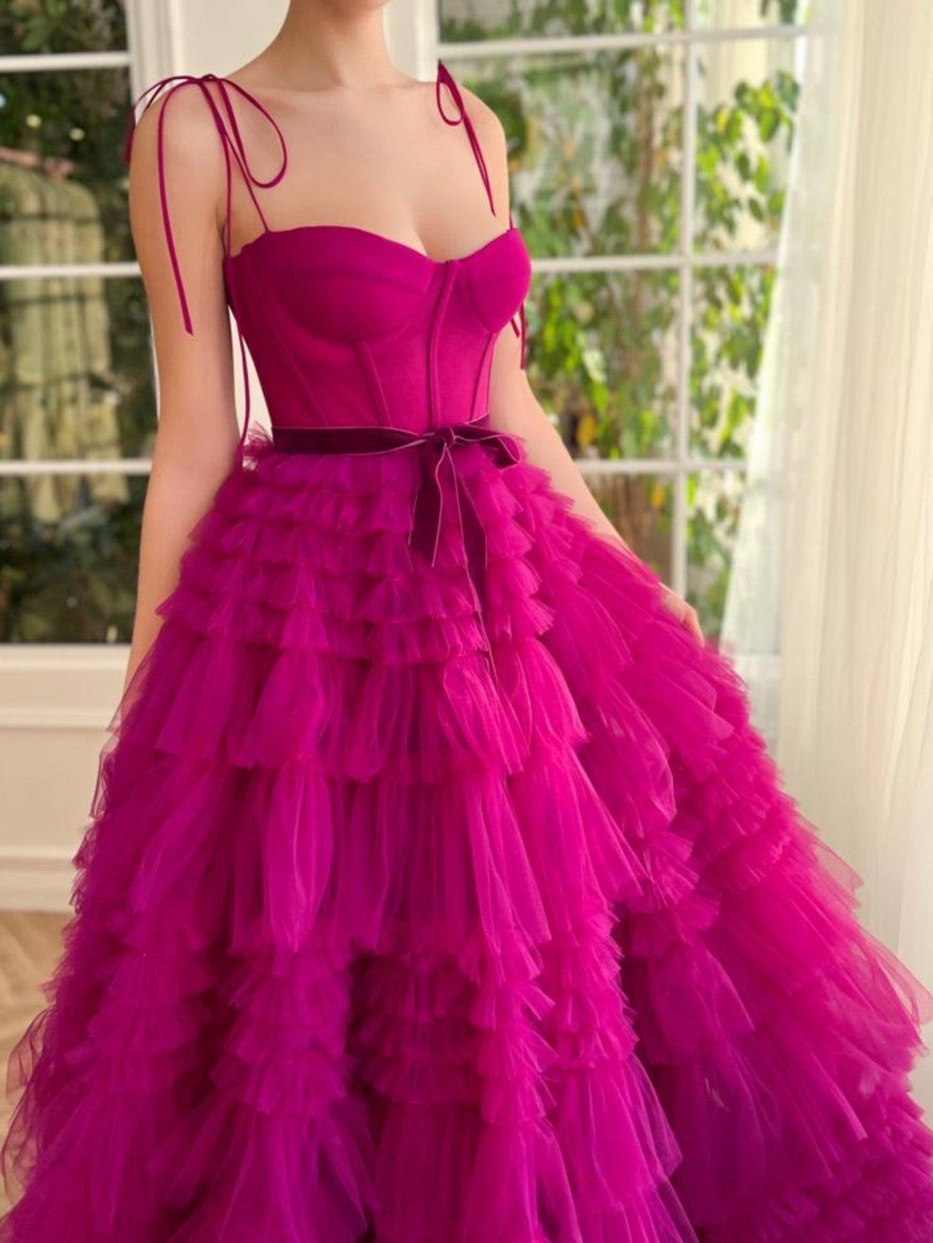 Strapless A Line Fuchsia Tiered Long Prom Dress - Fashionpara