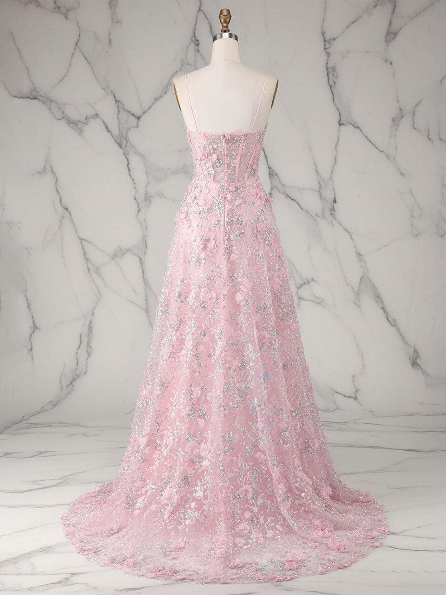 Whimsical Pink 3D Floral Applique Tulle Prom Dress with Slit