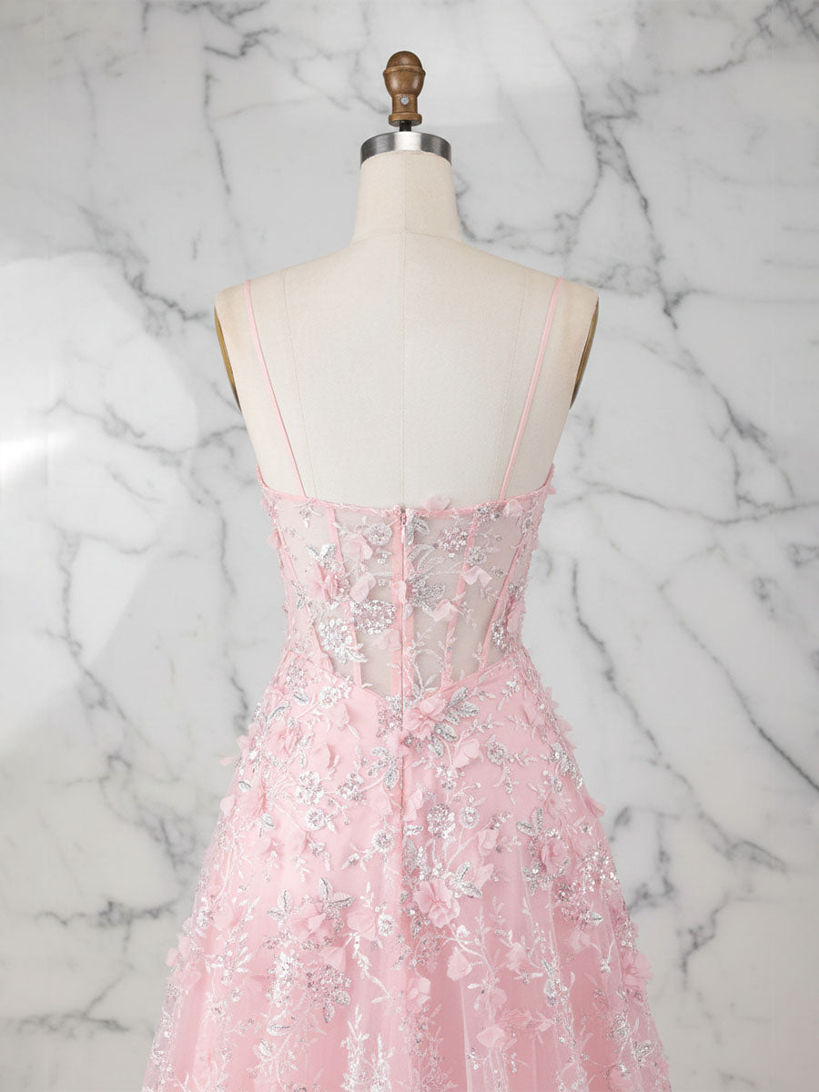 Whimsical Pink 3D Floral Applique Tulle Prom Dress with Slit