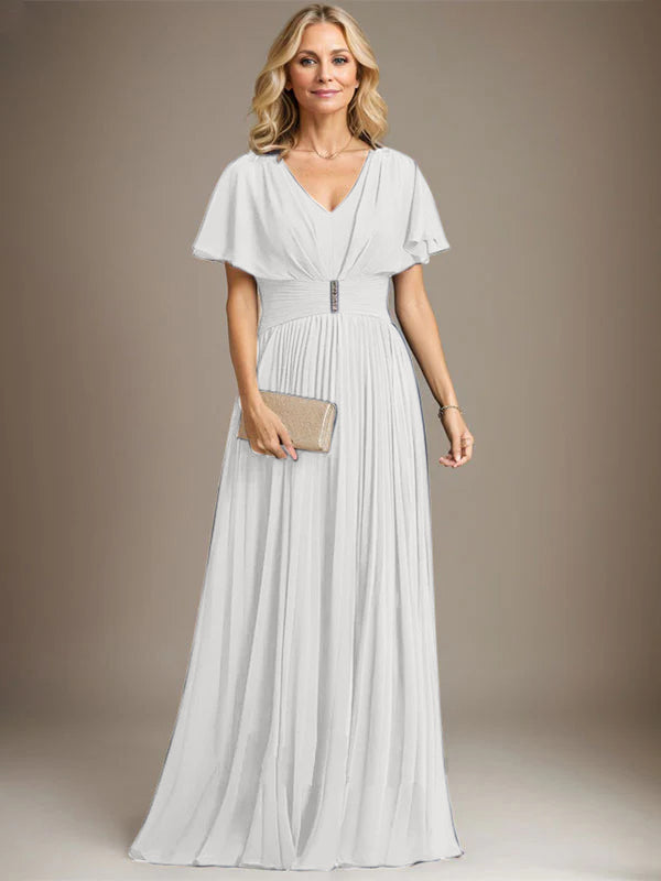 A-line V-Neck Floor-Length Chiffon Mother of the Bride Dress With Crystal Brooch Pleated