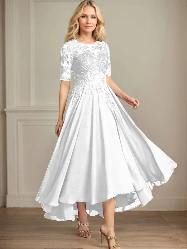 A-line Scoop Illusion Asymmetrical Chiffon Lace Mother of the Bride Dress With Sequins