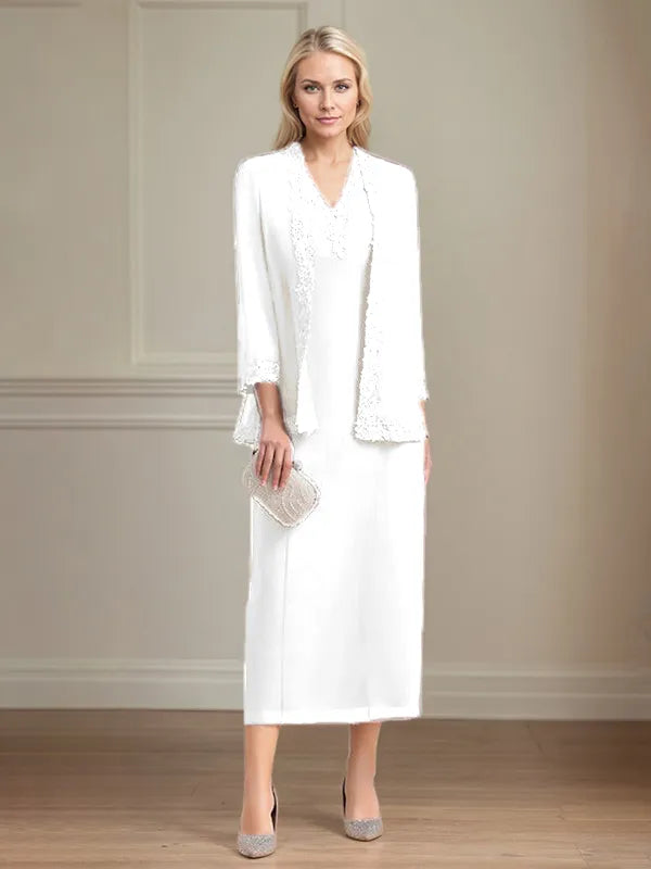 Sheath/Column Chiffon V Neck 3/4 Sleeves Tea Length Mother Of The Bride Dress