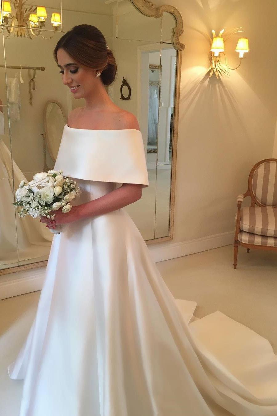 White A-line Satin Wedding Dresses |  Off the Shoulder Court Train Simple Bridal Gowns