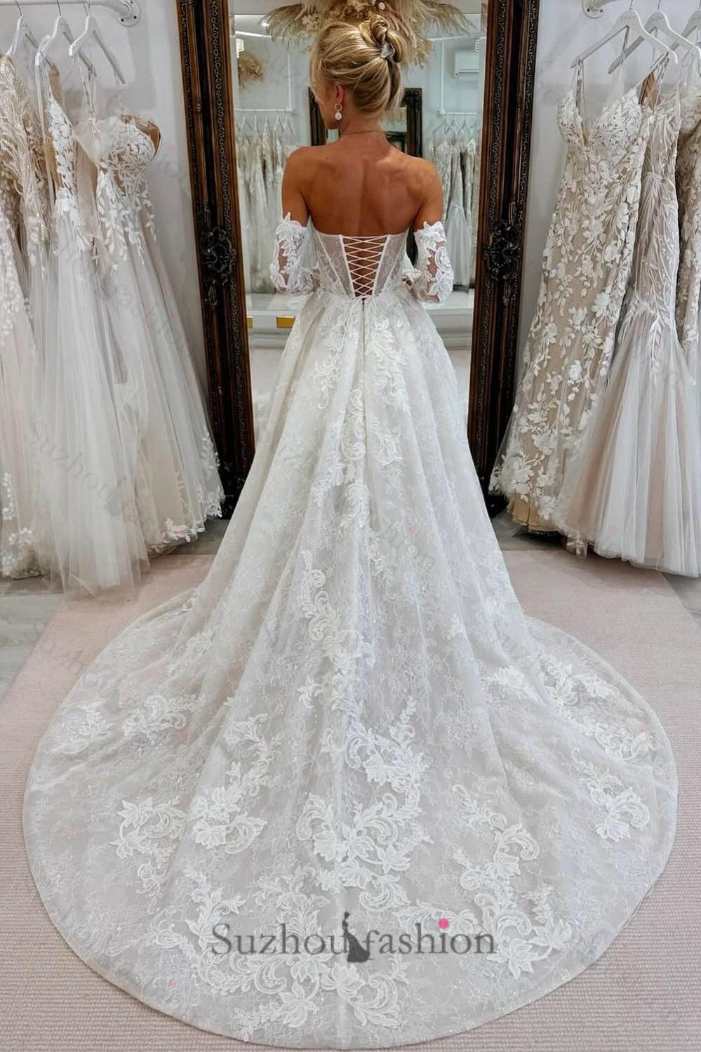 White Beach Wedding Dress A Line Strapless Sleeveless Cathedral Train Lace Bridal Gown With Appliques