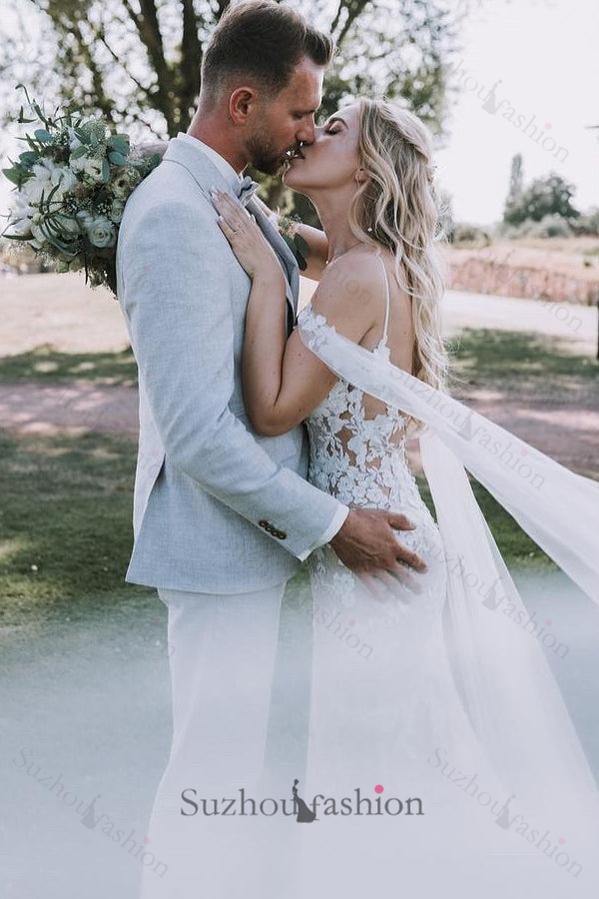 White Beach Wedding Dress V Neck Lace Mermaid Spaghetti Strap Off The Shoulder Cap Sleeves Long Bridal Gown