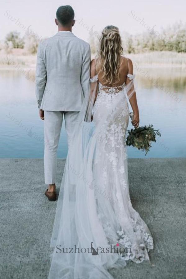White Beach Wedding Dress V Neck Lace Mermaid Spaghetti Strap Off The Shoulder Cap Sleeves Long Bridal Gown
