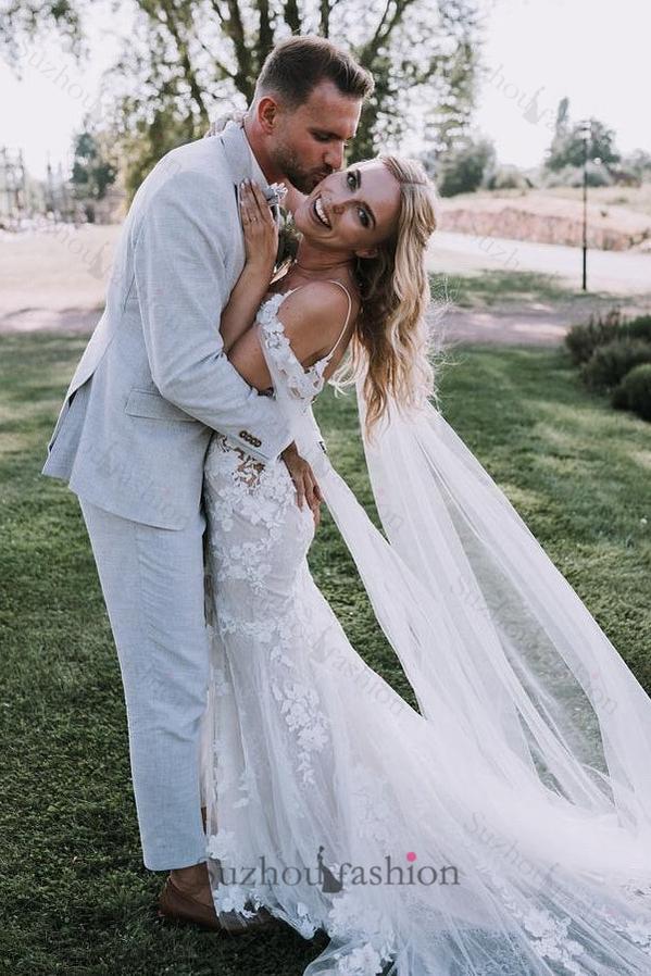 White Beach Wedding Dress V Neck Lace Mermaid Spaghetti Strap Off The Shoulder Cap Sleeves Long Bridal Gown
