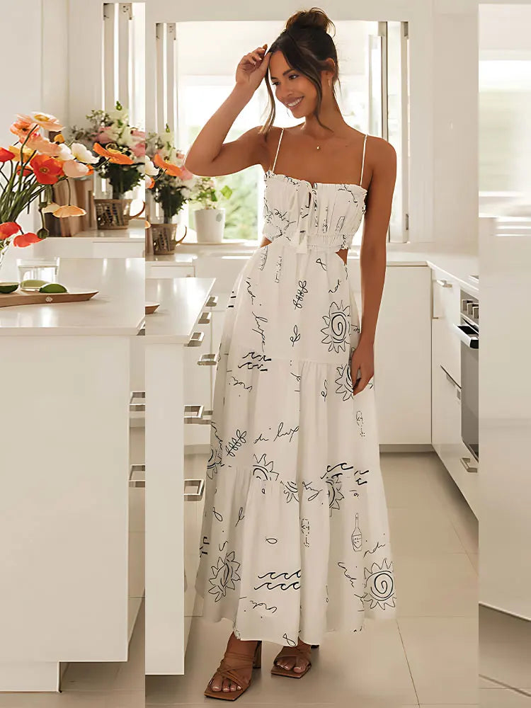 Sweet White Graffiti Print VNeck Tassel Sleeveless Floral Dress