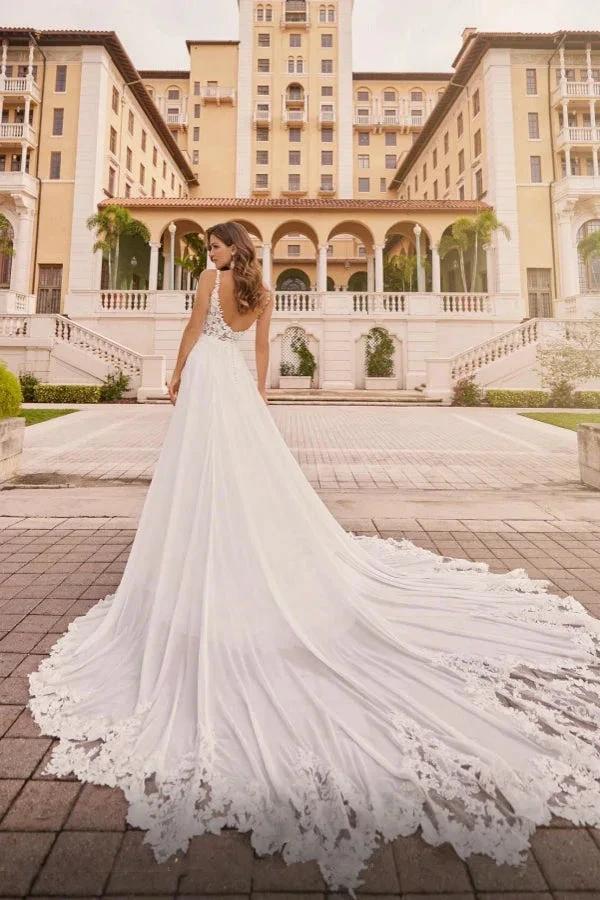 White Long A-line V-neck Chiffon Lace Backless Wedding Dresses with Slit (ZD14482)
