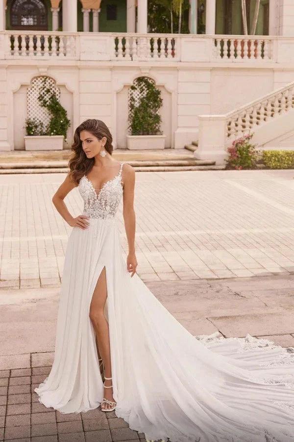 White Long A-line V-neck Chiffon Lace Backless Wedding Dresses with Slit (ZD14482)
