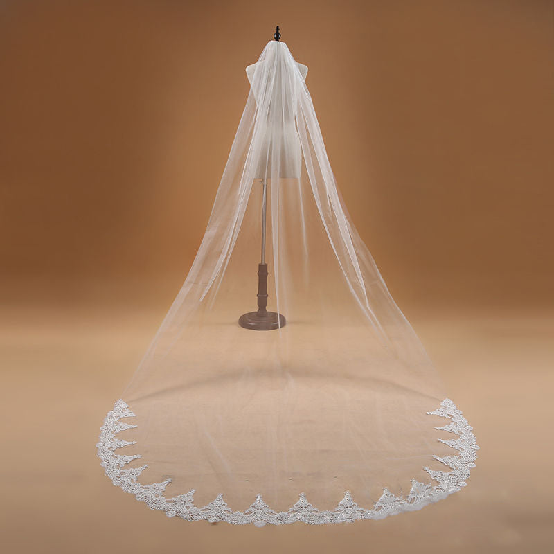 White Long Bridal Veil with Lace