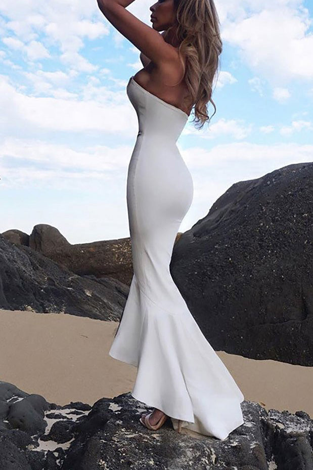 White Long Mermaid Strapless High Low Prom Dress - Fashionpara