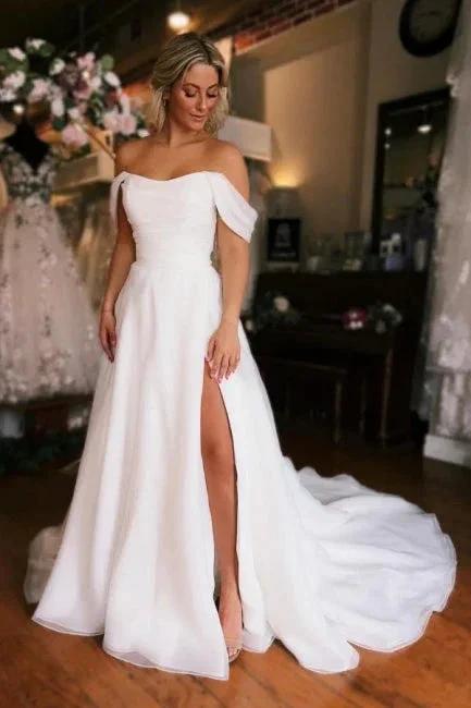 White Off the shoulder High split Wedding Dress (ZD16489)