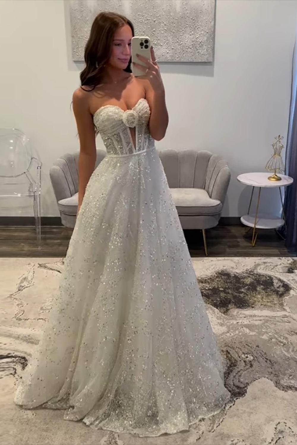 White Prom Dress Long A Line Sweetheart Formal Dress
