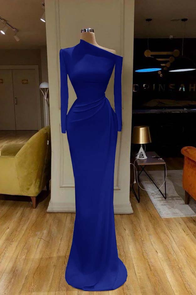 White Prom Dress One Shoulder Mermaid Long Sleeves Evening Formal Dress With Pleated