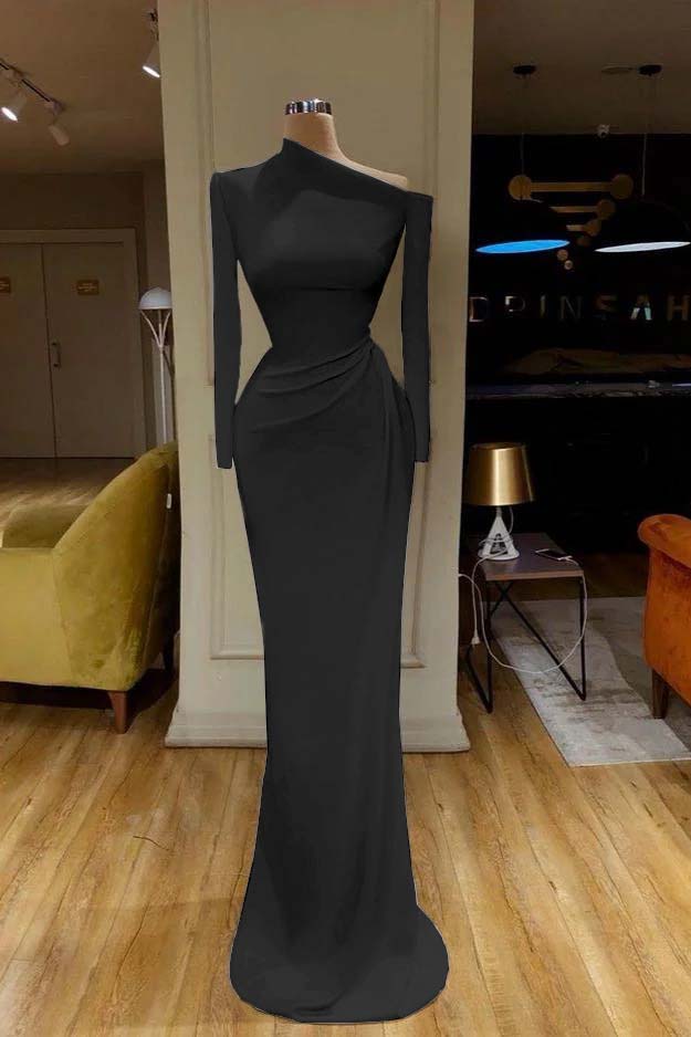 White Prom Dress One Shoulder Mermaid Long Sleeves Evening Formal Dress With Pleated