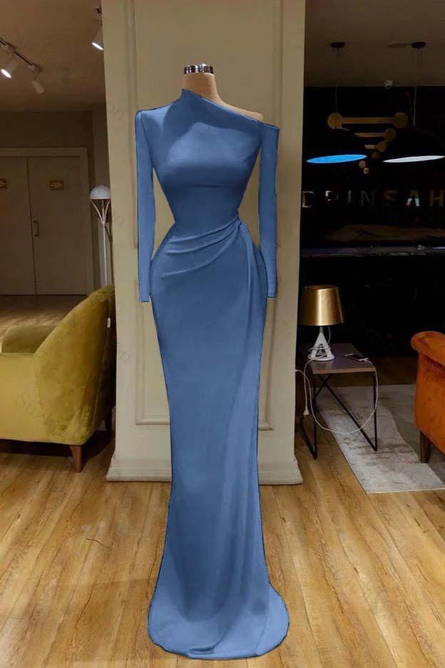White Prom Dress One Shoulder Mermaid Long Sleeves Evening Formal Dress With Pleated