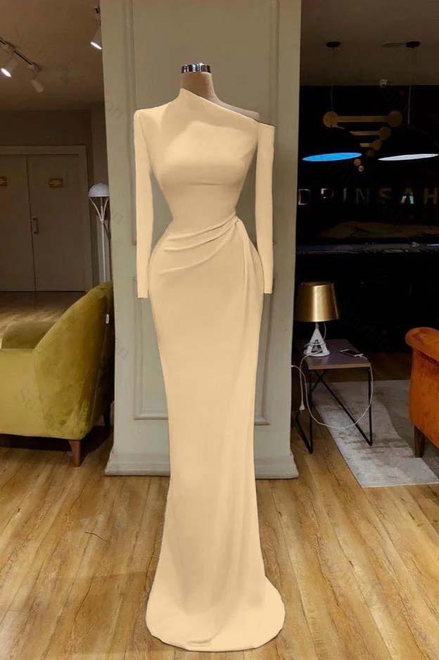 White Prom Dress One Shoulder Mermaid Long Sleeves Evening Formal Dress With Pleated