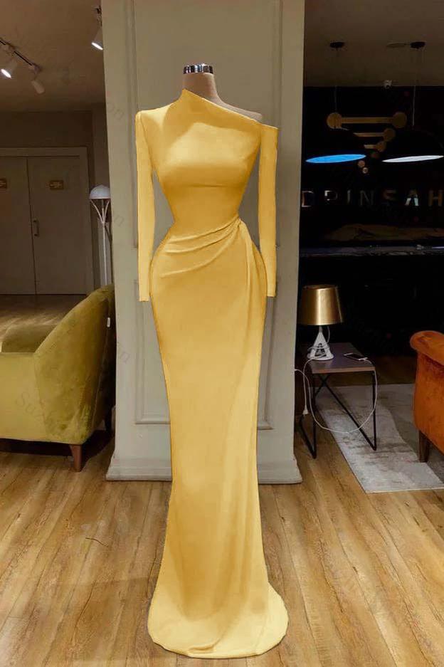 White Prom Dress One Shoulder Mermaid Long Sleeves Evening Formal Dress With Pleated
