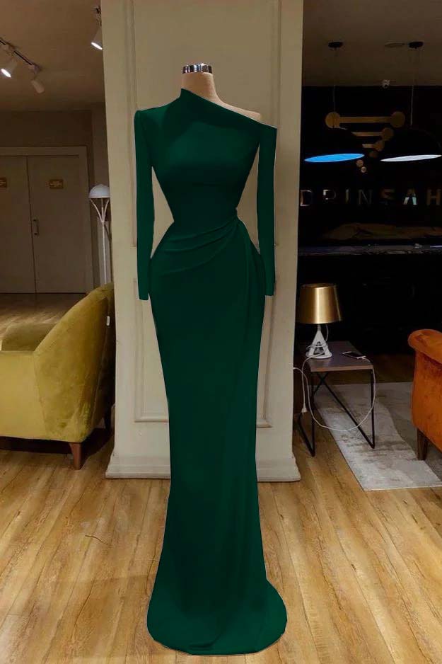 White Prom Dress One Shoulder Mermaid Long Sleeves Evening Formal Dress With Pleated