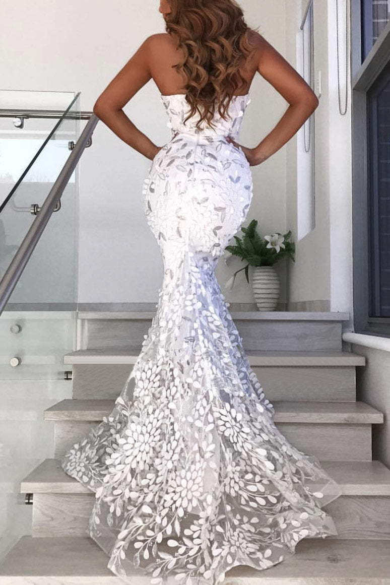 Vintage White Applique Mermaid Prom Dress - Fashionpara