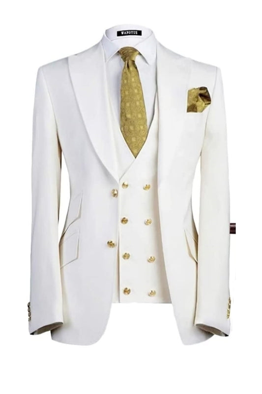 White Three Piece Peaked Lapel Prom Suit