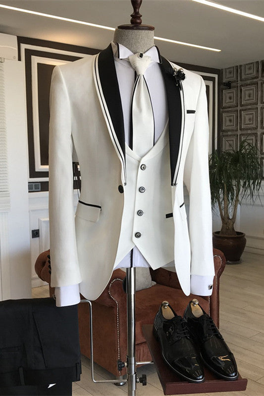 White Three Piece Shawl Lapel Wedding Suit